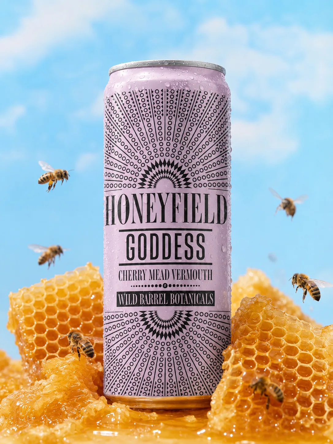 Honeyfield — vista frontal de lata de hidromiel con aureola dorada